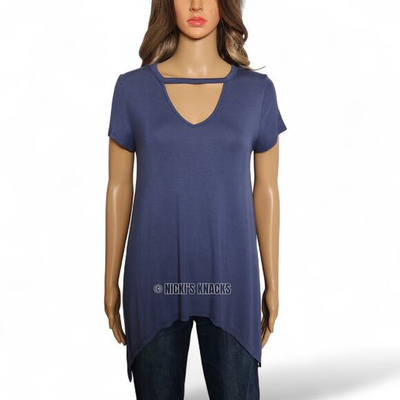 Moa Moa Blue Strappy V Neck Tunic Tee High Low Hem Split Side Seams Top Size M - Picture 2 of 7